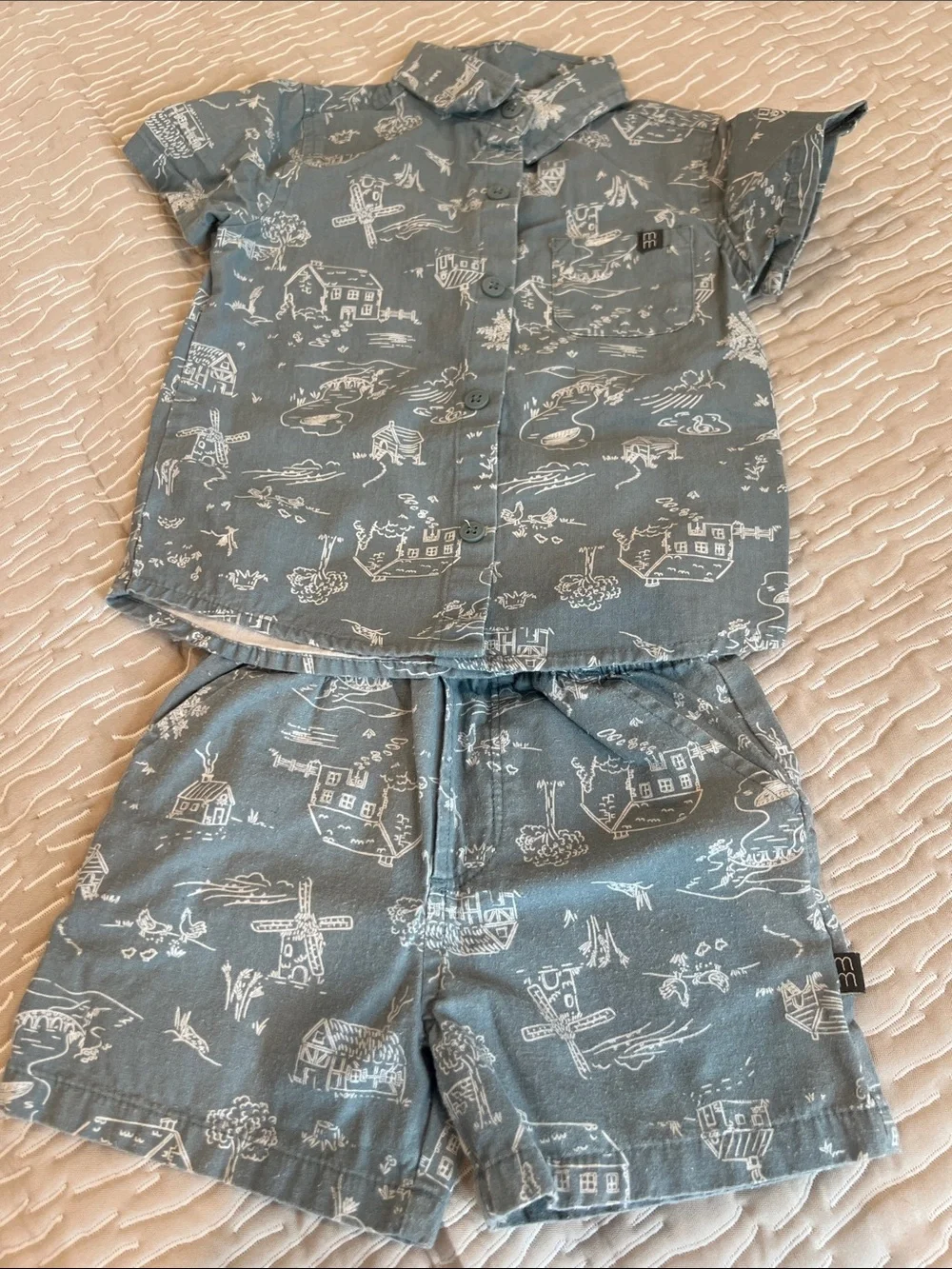 Modern moments Kids Short Set in light Blue with Village Print